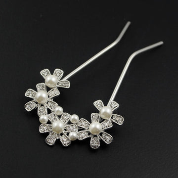 Czech Rhinestone & Pearl 2-Prong Bridal Hair Stick Fork Flowers